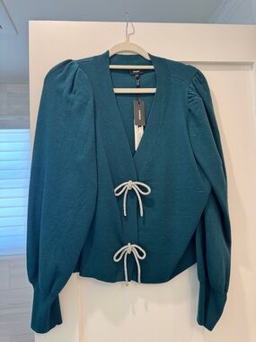 Express Teal Puff-Sleeve Cardigan with Contrast Ties